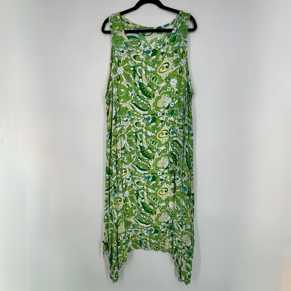 Water Lily Womens 2X Sleeveless Maxi Dress Green Multi Retro Floral Rayon Gauze